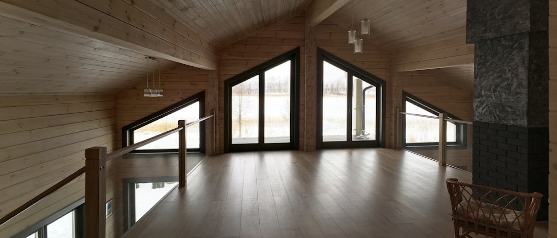 House from a bar with a stove and heating with a heat pump, underfloor heating and plinth, "Beacon" 144 m² in Belarus