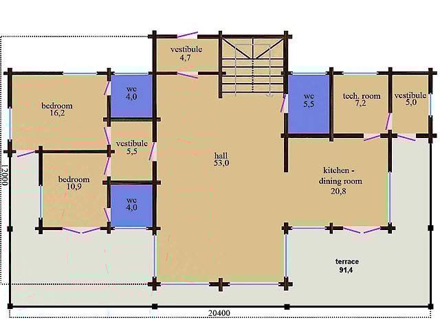 Plan of a spacious wooden house from profiled timber “Andy” (the ...