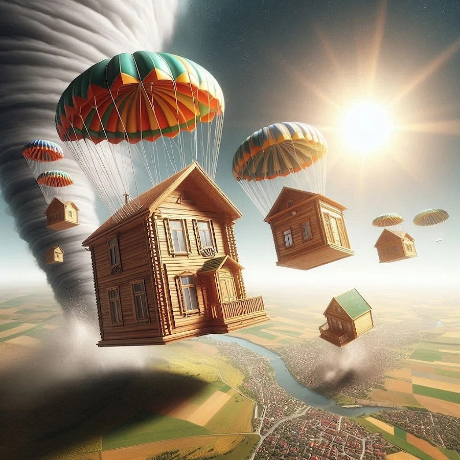 A tornado-resistant flying house by Archiline. Defying the storm. (creative interpretation)