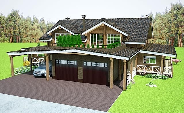 Plan of a wooden house for two families: blocked house with a garage made from dried timber (dried logs, glued laminated timber) - turnkey installation, project of the foundation: "House 507"   