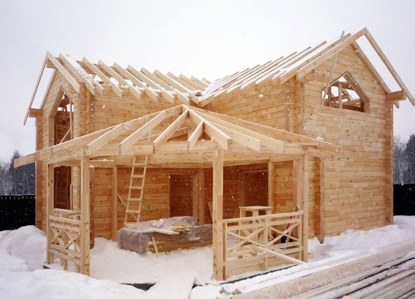 Wooden houses constructions from winter timber  