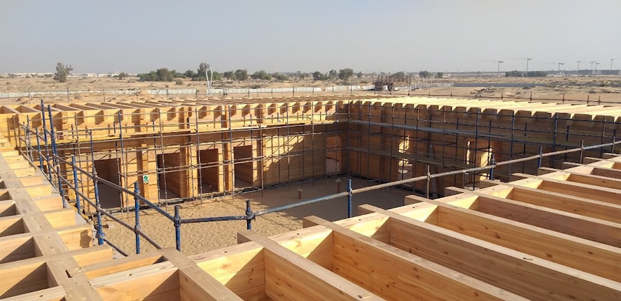 Construction of the wooden building of glued laminated timber in Dubai, UAE  