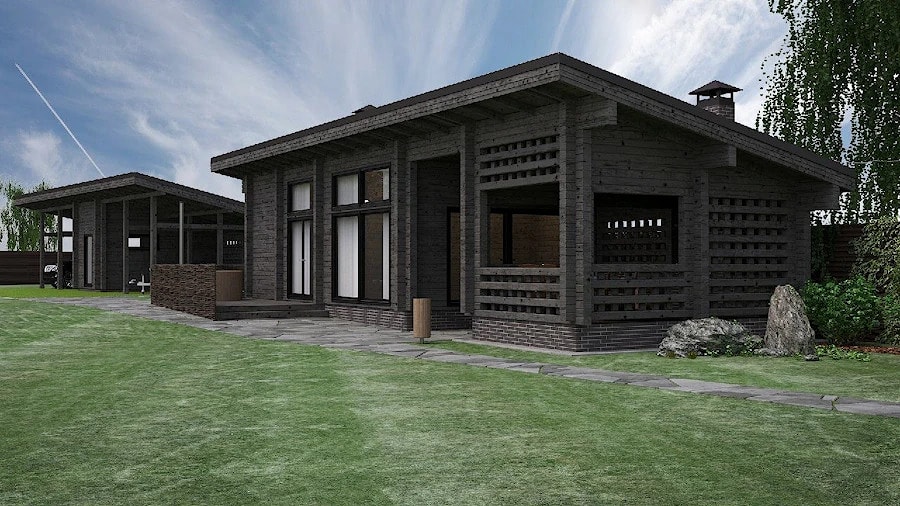 Black, modern wooden house made of timber with a flat roof, project "Black Style"   