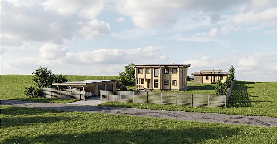Residential complex by the river: modern house, a bath with terrace and garage block for three cars  